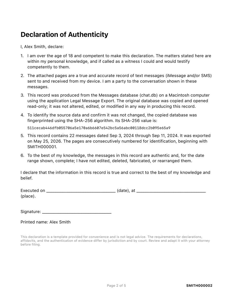 Declaration of authenticity page