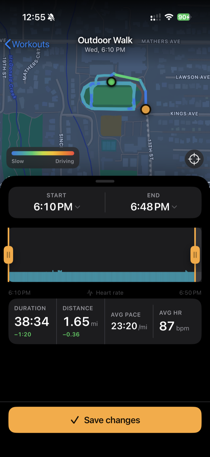 The editor: a speed-tinted route on a map, a heart-rate timeline with start and end handles, and live stats