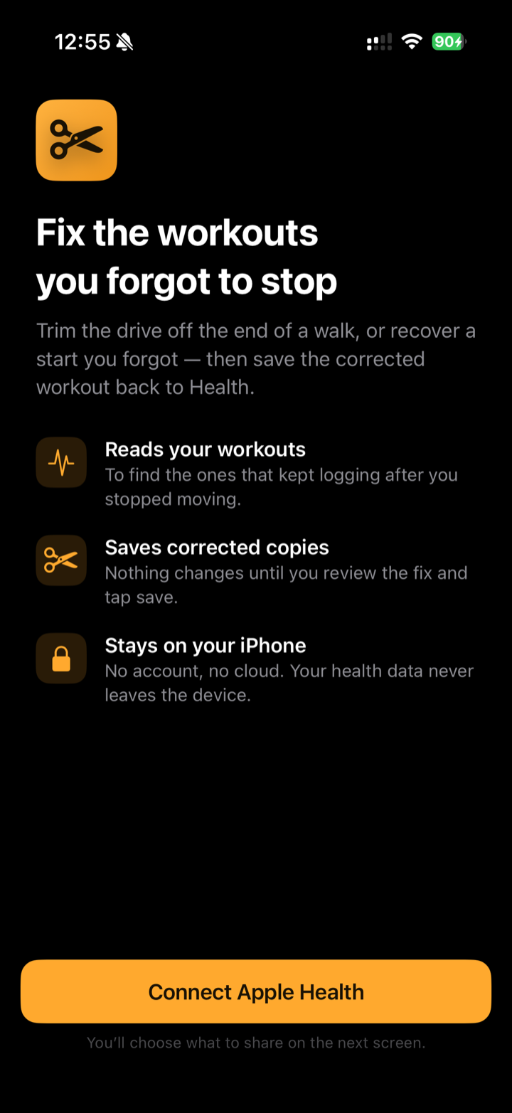 WorkoutEditor welcome screen: ‘Fix the workouts you forgot to stop’, with Connect Apple Health